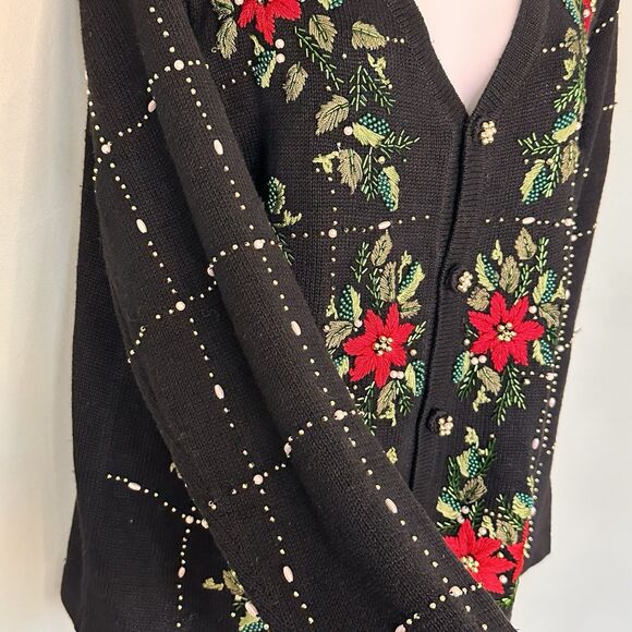 Womens Christmas Sweater S Embellished Poinsettia Beaded Embroidered Ugly Not - Picture 5 of 9
